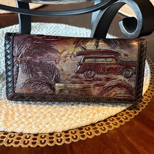 Brahmin Tooled Leather Wallet with Car & Palm Motif - Dark Brown & Tan
